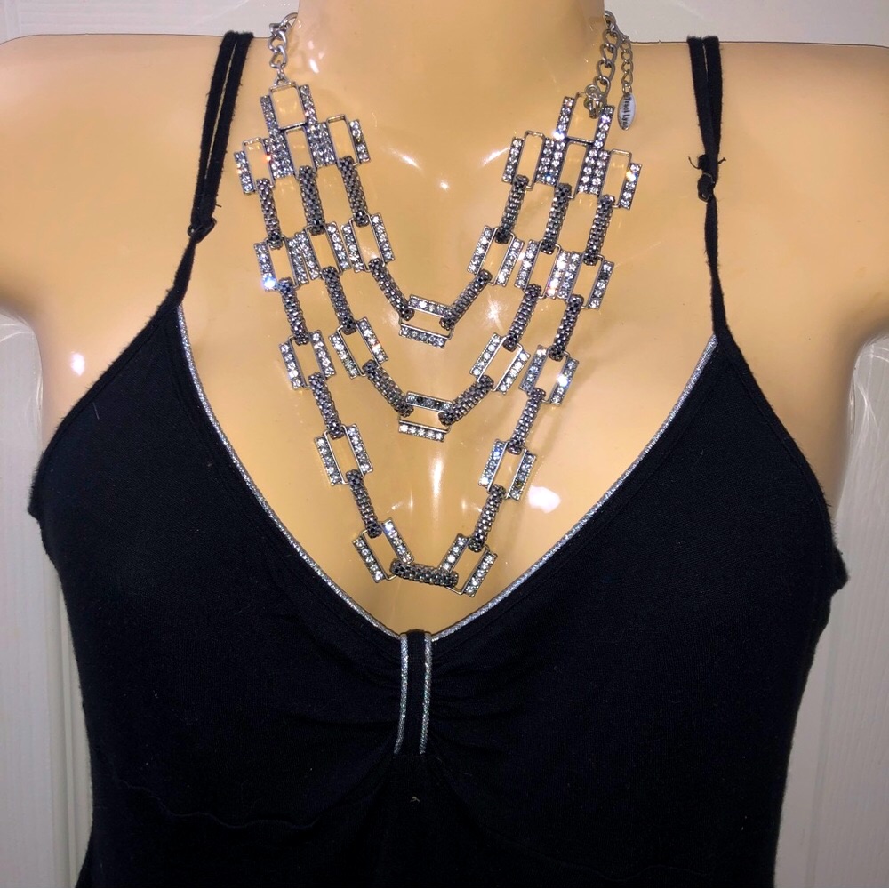 Traci Lynn Signed Multilayer Chains And Rhinestones Statement Luxury Necklace 89$